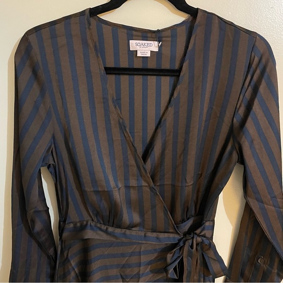Soaked In Luxury Gina Striped Brown/Navy Blue Striped Wrap Dress, Size S, NWT - Picture 9 of 11